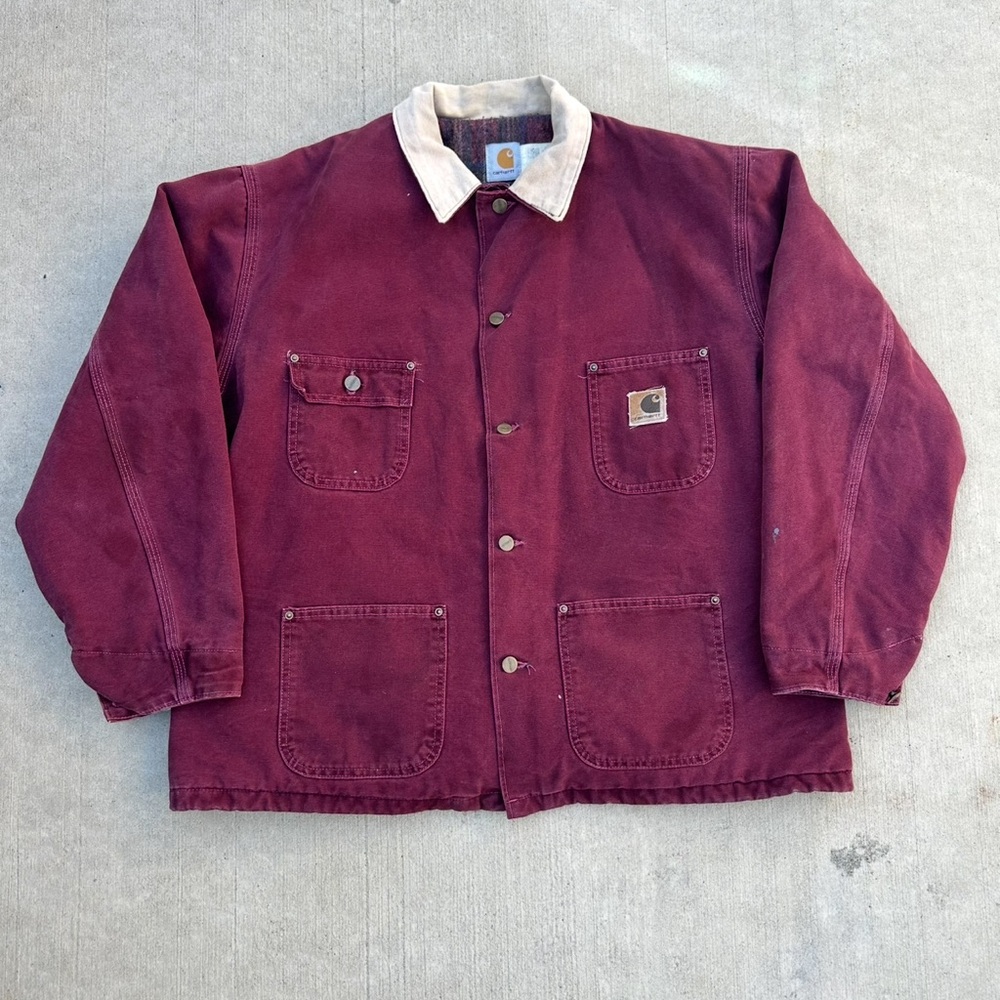 Vintage Carhartt CB0446 Sandstone Flannel Lined Chore Coat Wine XL